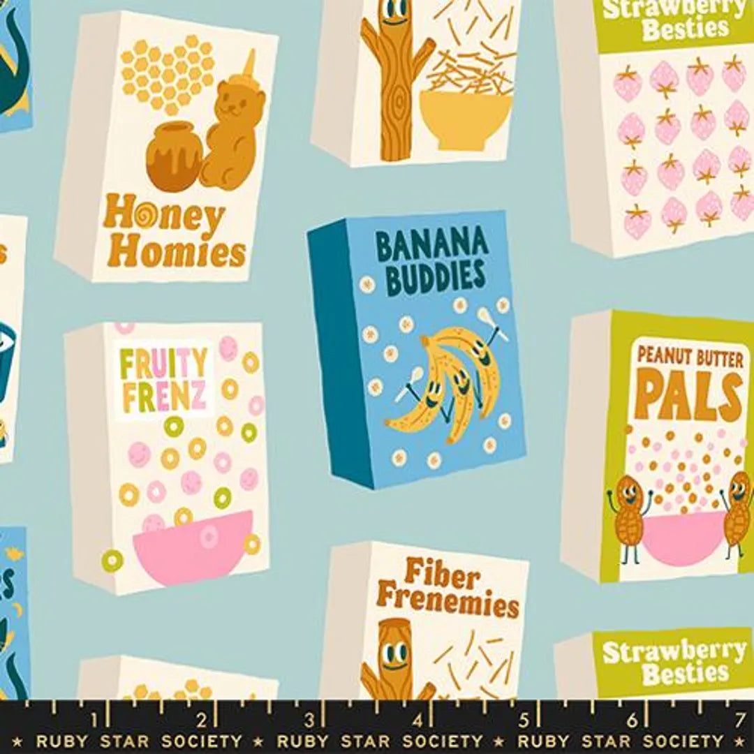 Egg and Friends Part of this Complete Breakfast fabric in polar by Kimberly Kight for Ruby Star Society - 100% cotton quilting fabric featuring retro cereal box print