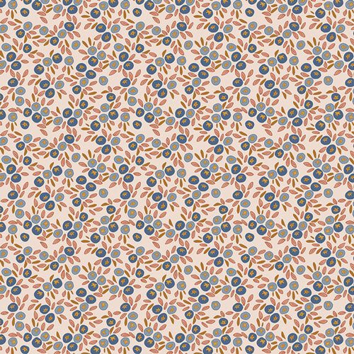 Pattern of small blue and orange flowers on a beige background