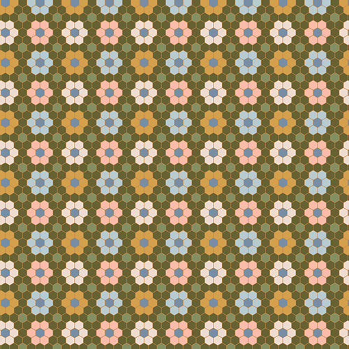 Hexagonal pattern with stylized flowers on a green background