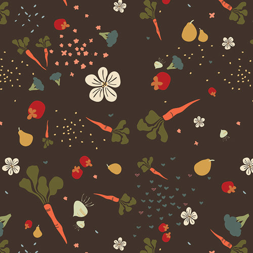 Pattern of colorful vegetables and flowers on a dark background
