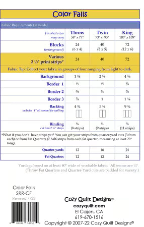 Color Falls pattern back cover showing beginner-friendly block construction instructions and fabric requirements for throw, twin, and king sizes
