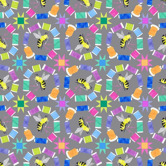 Dear Stella Quilty Helpurrs Limestone fabric by Pammie Jane - gray cats quilting bee print on beige quilting cotton

