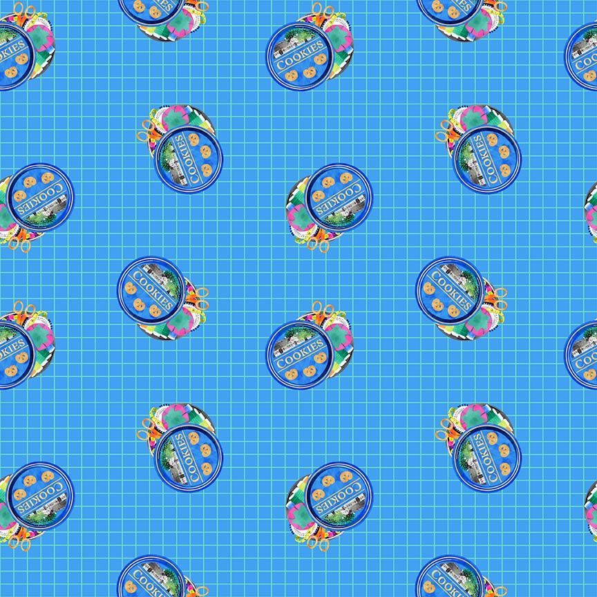 Dear Stella Quilty Helpurrs Oceanic fabric by Pammie Jane - blue with cookies and sewing notions print on quilting cotton