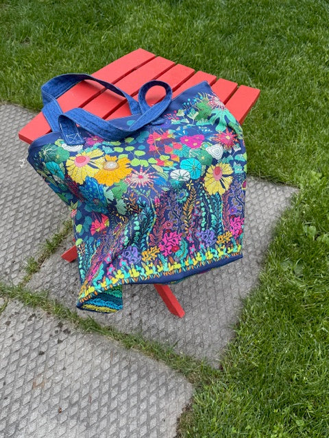 Finished Sunshine Carry All tote bag sewn from Sally Kelly Windham Fabrics canvas panel — 16"W x 15.5"H x 4.5" deep
