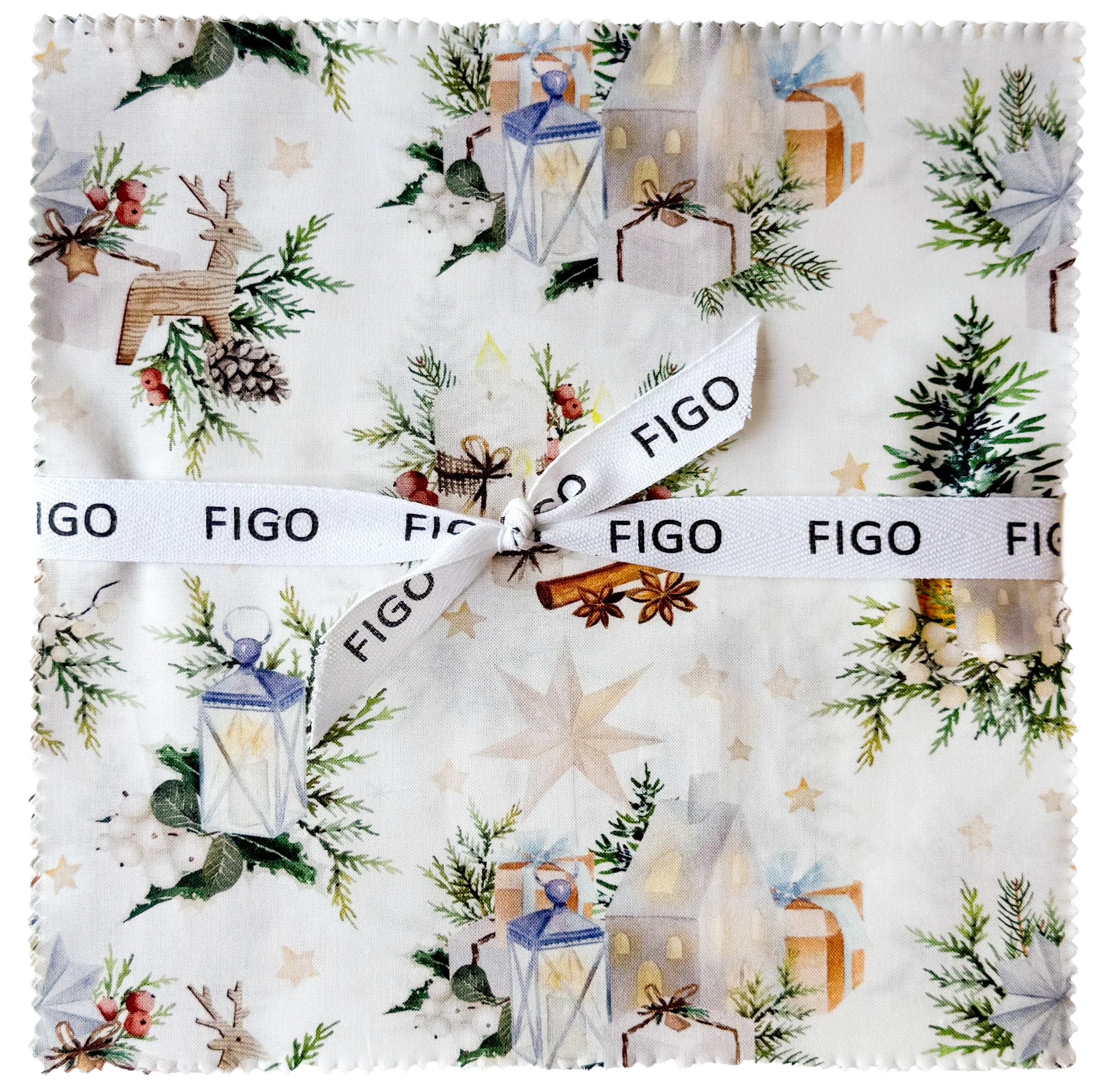 Snowbound 10" squares bundle by Figo Fabrics for Northcott — 42-piece holiday quilting cotton in soft neutrals and forest tones
