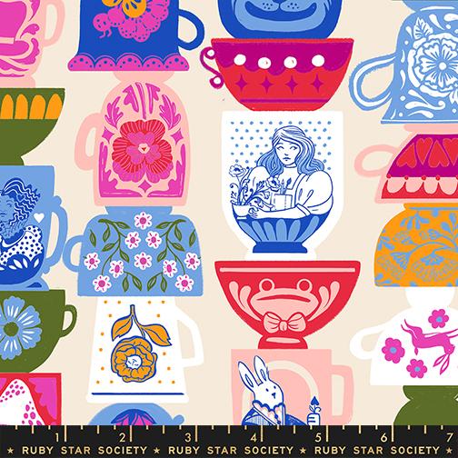 Hello Alice Tea Party fabric in shell by Sarah Watts for Ruby Star Society - 100% cotton quilting fabric featuring whimsical Alice in Wonderland tea party print