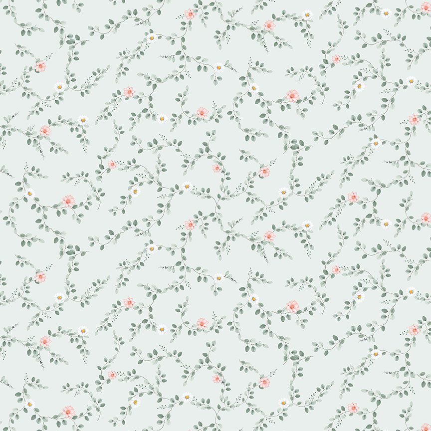 Floral pattern with small flowers and leaves on a light blue background