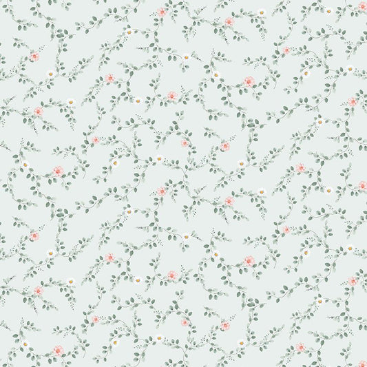 Floral pattern with small flowers and leaves on a light blue background