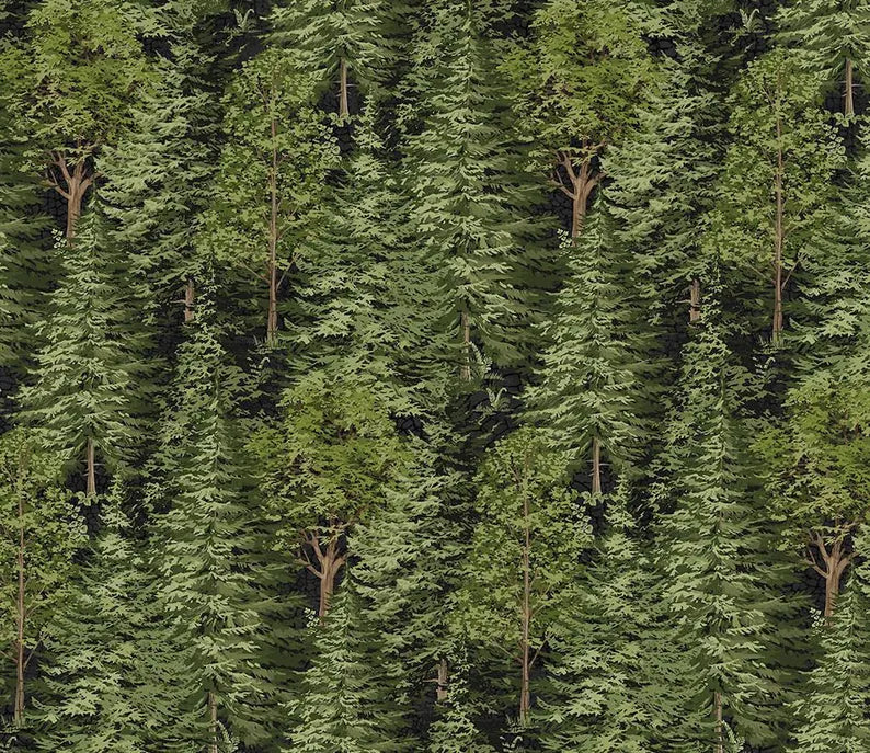 (Border fabric): Trees Black Multi border fabric featuring woodland tree motifs by Deborah Edwards for Northcott Bear Necessities collection