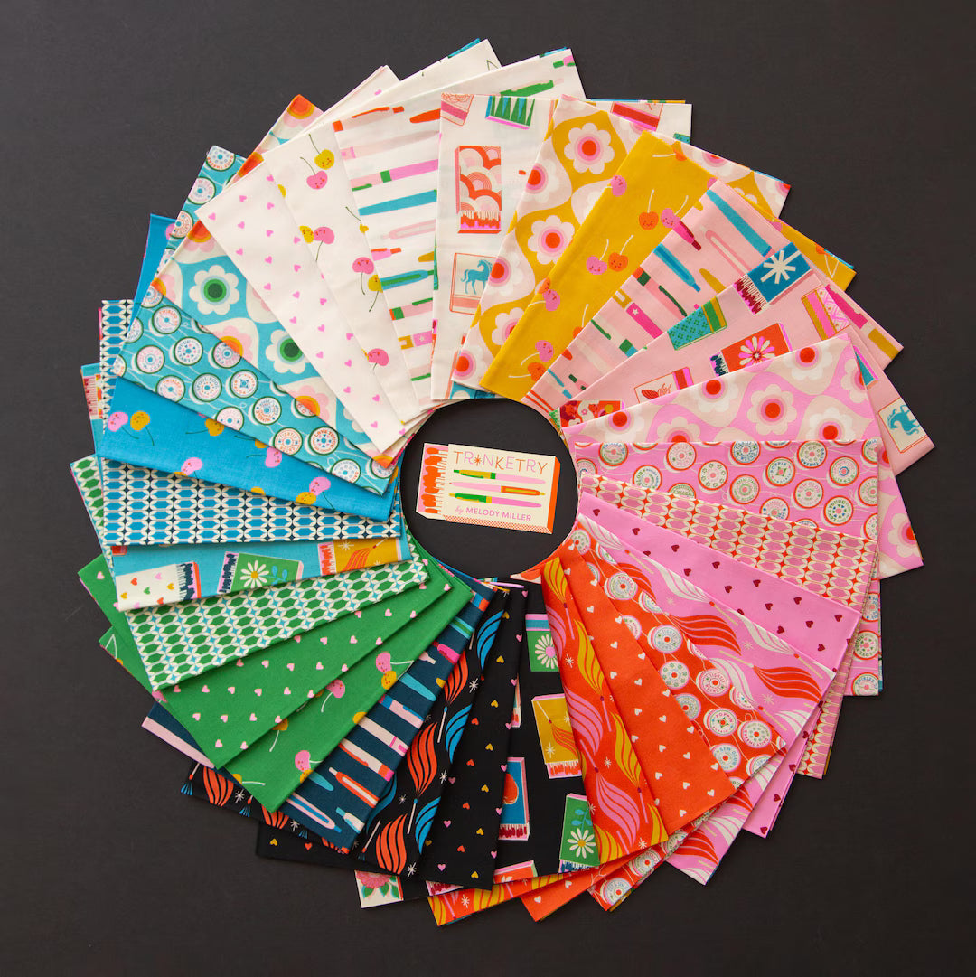 Trinketry fat quarter bundle by Melody Miller for Ruby Star Society, featuring 28 coordinating 18x21 inch cotton fabric cuts in modern prints and colors

