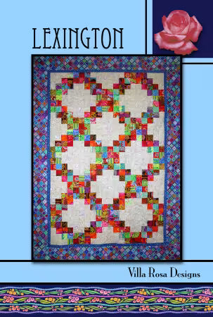 Lexington quilt pattern 54 x 74 inches showing colorful patchwork squares in vibrant colors with blue floral border and cream background
