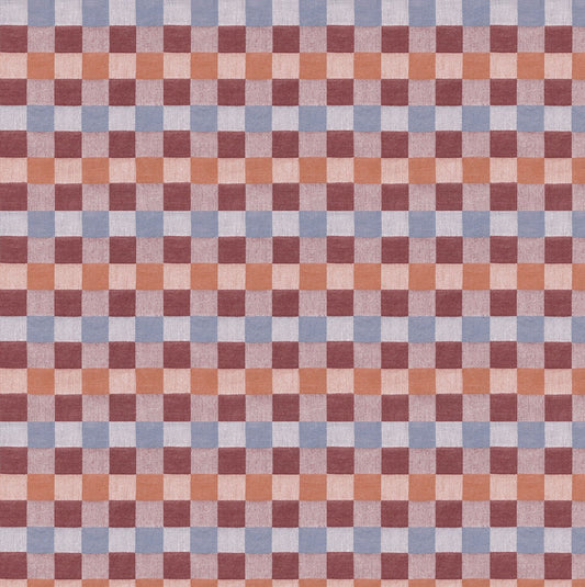 Checkered pattern with alternating squares of blue, orange, and purple.