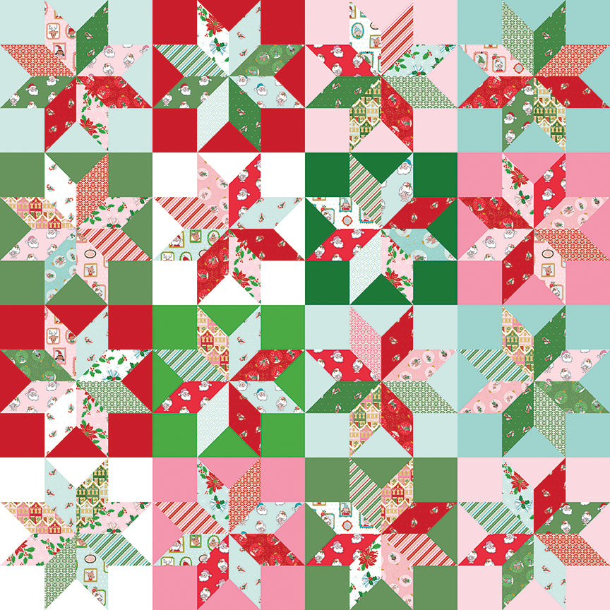 Colorful  christmas patchwork wide back    with star pattern in red, green and light turquoise.