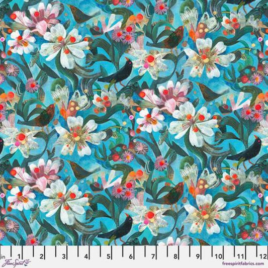 Colori Skies Blue quilting fabric by Este Macleod for FreeSpirit Fabrics – white floral print on teal background with red and taupe flower centres, 100% cotton, 43/44 inches wide
