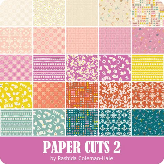 Paper Cuts 2 fabric collection by Rashida Coleman Hale for Ruby Star Society showing coordinating prints and colors from the jelly roll precut

