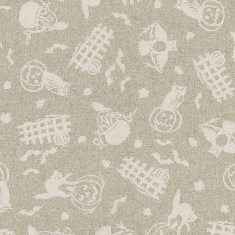 Spooky Fences from Pumpkin Grove by Maywood Studio — cream Halloween motifs on tan quilting cotton
