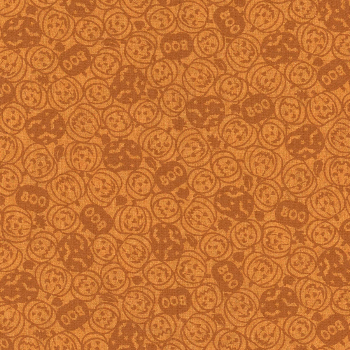 A repeating Halloween-themed pattern featuring orange jack-o'-lanterns, bats, ghosts, and the word 'BOO' in dark brown on a warm orange background.
