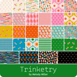 Trinketry fabric collection by Melody Miller for Ruby Star Society showing coordinating prints and colors from the jelly roll precut
